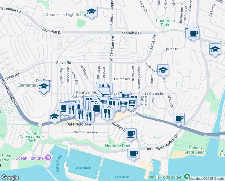 map of restaurants, bars, coffee shops, grocery stores, and more near 33926 Golden Lantern in Dana Point