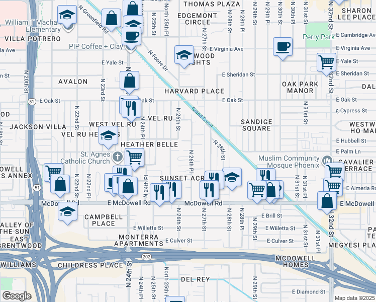 map of restaurants, bars, coffee shops, grocery stores, and more near 2019 North 26th Place in Phoenix