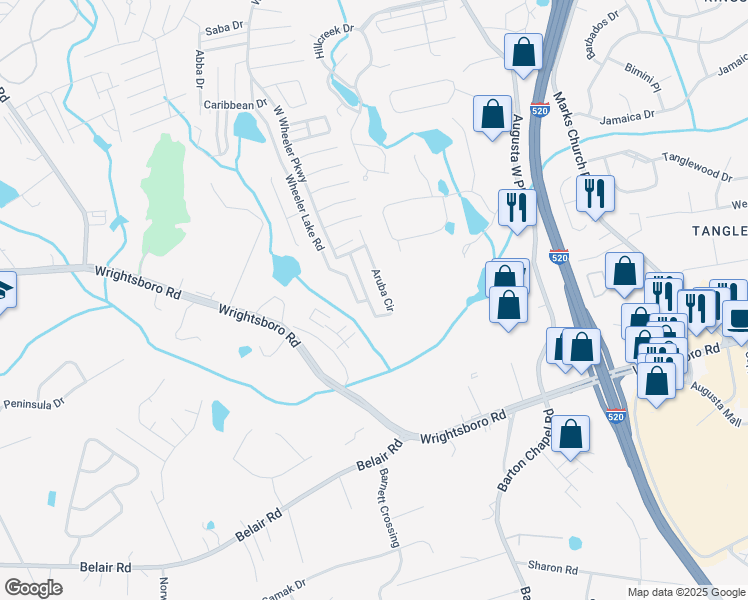 map of restaurants, bars, coffee shops, grocery stores, and more near 5198 Aruba Circle in Augusta