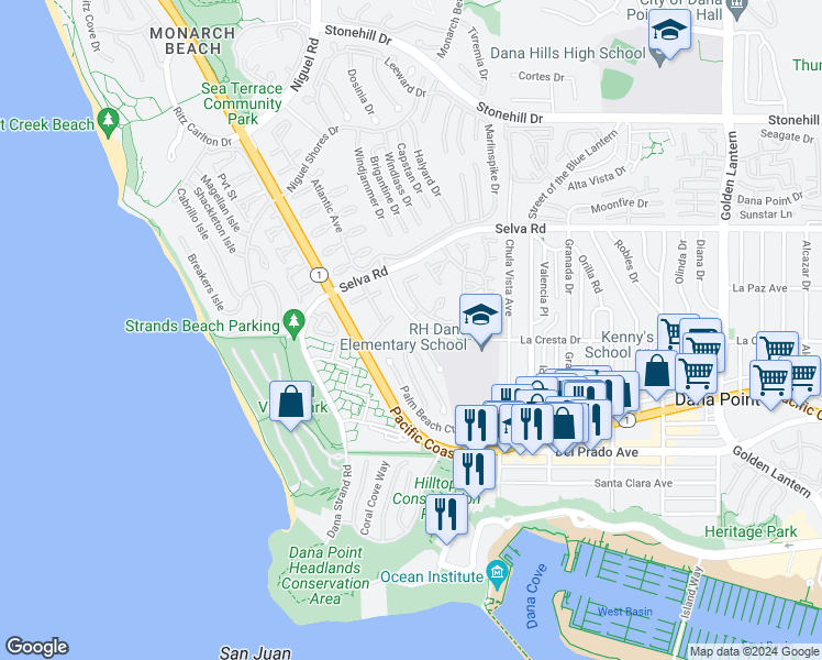 map of restaurants, bars, coffee shops, grocery stores, and more near 5 Regatta Way in Dana Point