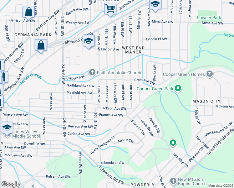 map of restaurants, bars, coffee shops, grocery stores, and more near 1642 18th Place Southwest in Birmingham