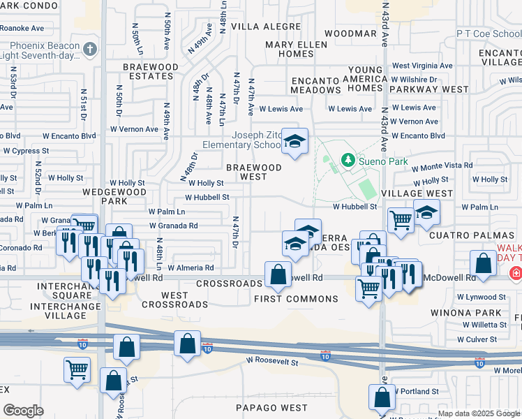 map of restaurants, bars, coffee shops, grocery stores, and more near 1840 North 46th Drive in Phoenix