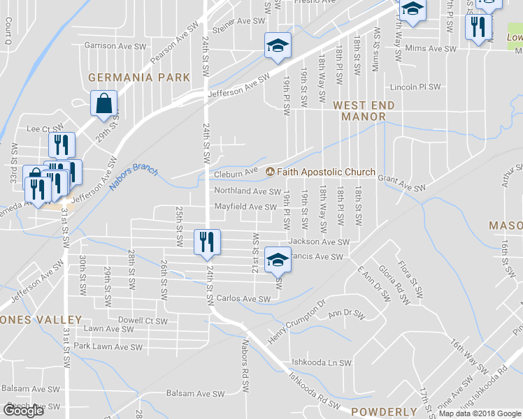 map of restaurants, bars, coffee shops, grocery stores, and more near 1501 21st Street Southwest in Birmingham