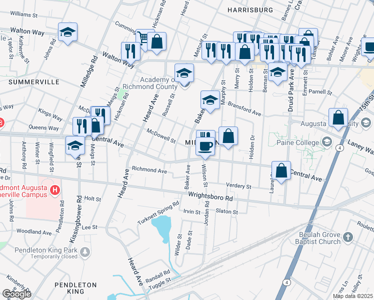 map of restaurants, bars, coffee shops, grocery stores, and more near 1902 McDowell Street in Augusta