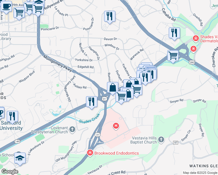 map of restaurants, bars, coffee shops, grocery stores, and more near 664 Rumson Road in Birmingham