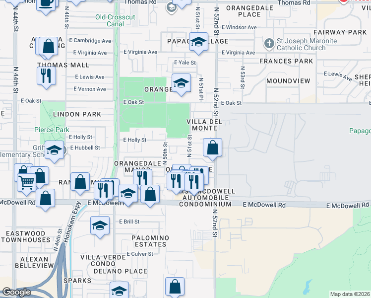 map of restaurants, bars, coffee shops, grocery stores, and more near 2006 North 51st Street in Phoenix