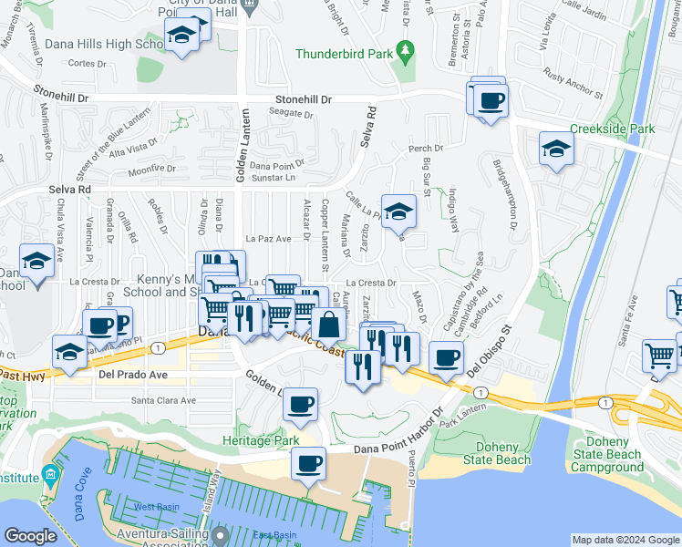 map of restaurants, bars, coffee shops, grocery stores, and more near 33942 Mariana Drive in Dana Point