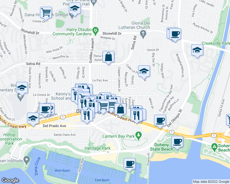 map of restaurants, bars, coffee shops, grocery stores, and more near 33962 Alcazar Drive in Dana Point