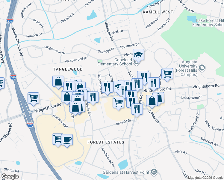 map of restaurants, bars, coffee shops, grocery stores, and more near 1421 Springview Drive in Augusta