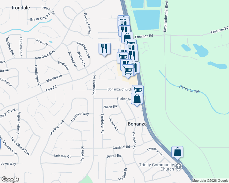 map of restaurants, bars, coffee shops, grocery stores, and more near 1567 Bonanza Church Road in Jonesboro
