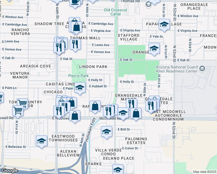 map of restaurants, bars, coffee shops, grocery stores, and more near 4709 East Hubbell Street in Phoenix