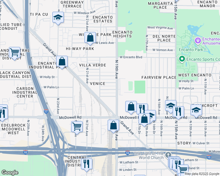 map of restaurants, bars, coffee shops, grocery stores, and more near 1912 West Palm Lane in Phoenix