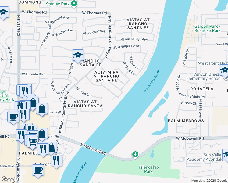 map of restaurants, bars, coffee shops, grocery stores, and more near 12344 W Monte Vista Rd in Avondale