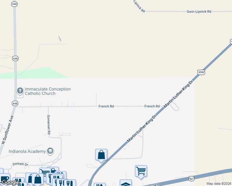 map of restaurants, bars, coffee shops, grocery stores, and more near 721 French Road in Indianola