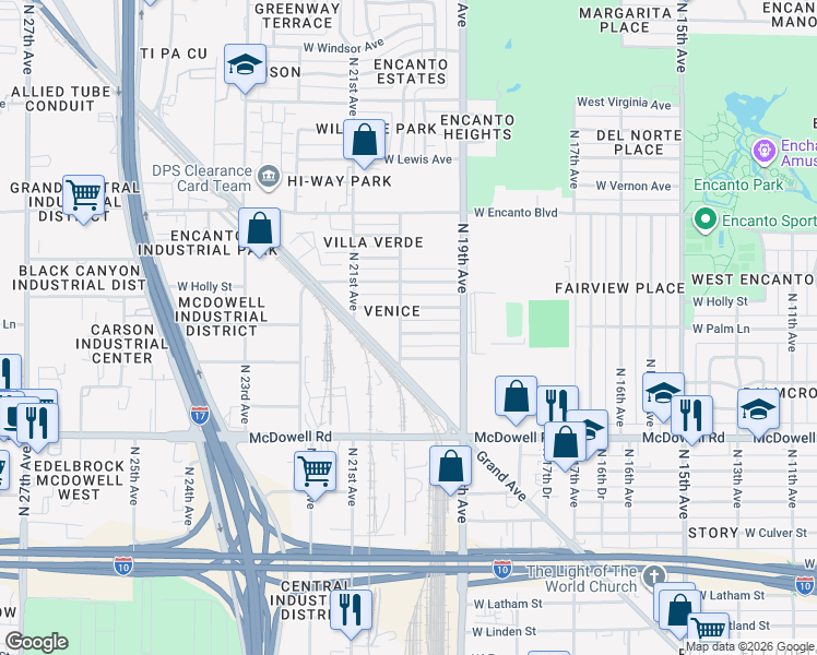 map of restaurants, bars, coffee shops, grocery stores, and more near 1954 West Palm Lane in Phoenix
