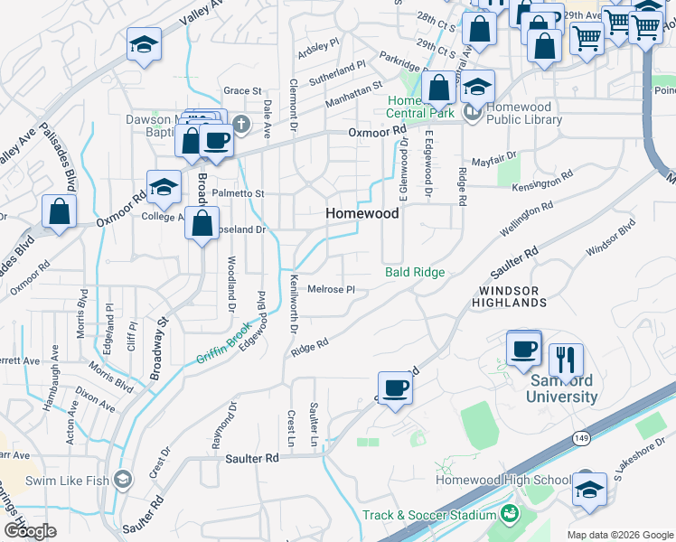map of restaurants, bars, coffee shops, grocery stores, and more near 320 Laurel Place in Birmingham