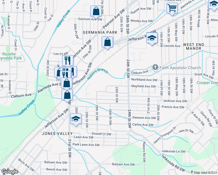 map of restaurants, bars, coffee shops, grocery stores, and more near 2525 Mayfield Avenue Southwest in Birmingham