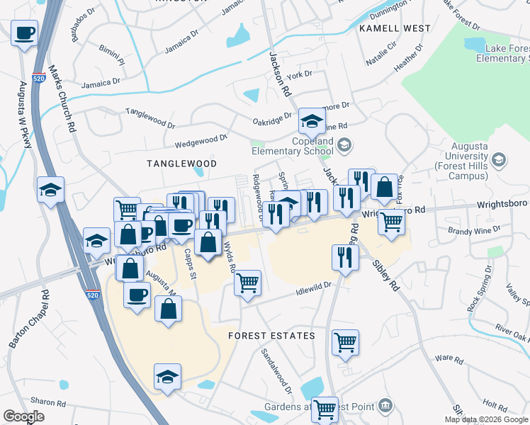 map of restaurants, bars, coffee shops, grocery stores, and more near 1434 Ridgewood Drive in Augusta