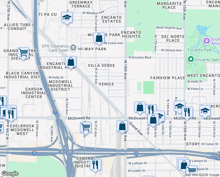 map of restaurants, bars, coffee shops, grocery stores, and more near 1954 West Palm Lane in Phoenix