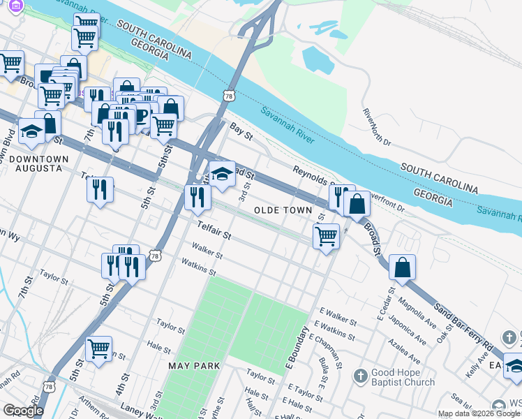 map of restaurants, bars, coffee shops, grocery stores, and more near 247 Greene Street in Augusta