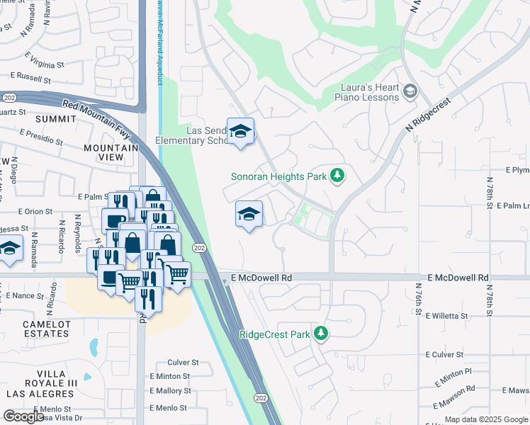 map of restaurants, bars, coffee shops, grocery stores, and more near 2947 North Sonoran Hills in Mesa