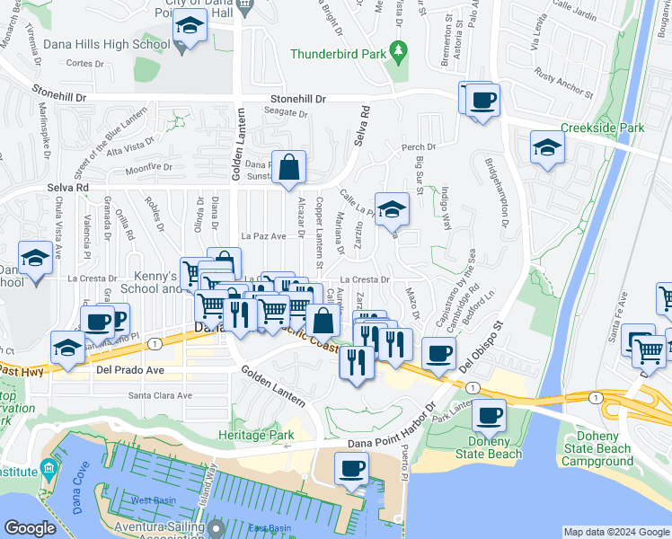 map of restaurants, bars, coffee shops, grocery stores, and more near 33936 Mariana Drive in Dana Point