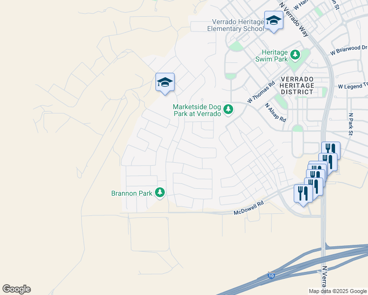 map of restaurants, bars, coffee shops, grocery stores, and more near 21238 West Palm Lane in Buckeye