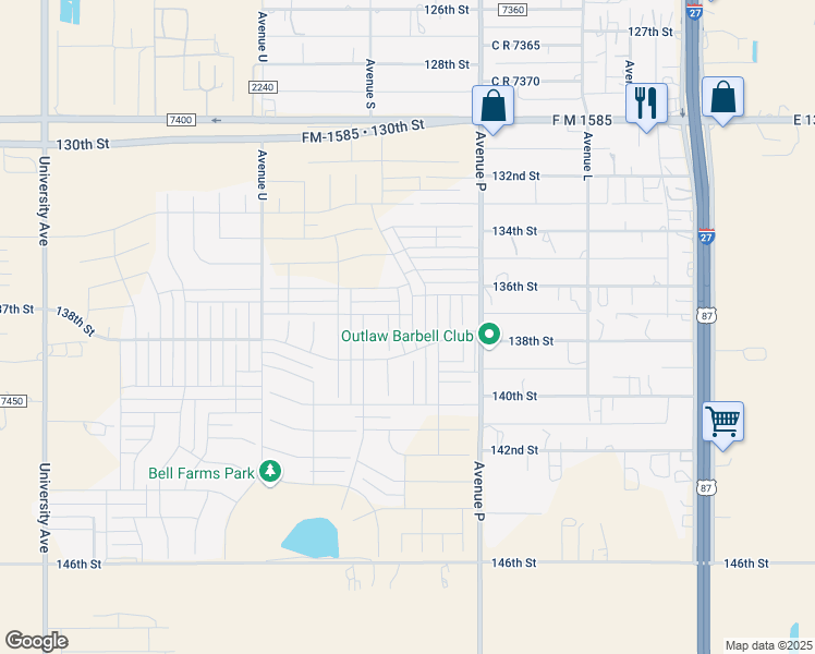 map of restaurants, bars, coffee shops, grocery stores, and more near C R 2300 in Lubbock