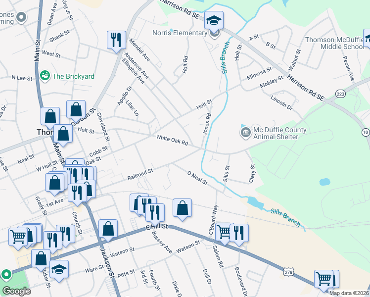 map of restaurants, bars, coffee shops, grocery stores, and more near 545 White Oak Road in Thomson