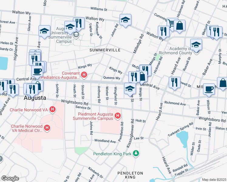 map of restaurants, bars, coffee shops, grocery stores, and more near 1321 Wingfield Street in Augusta