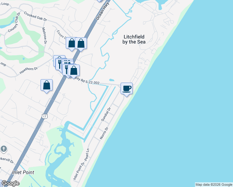 map of restaurants, bars, coffee shops, grocery stores, and more near 106 Sundial Drive in Pawleys Island