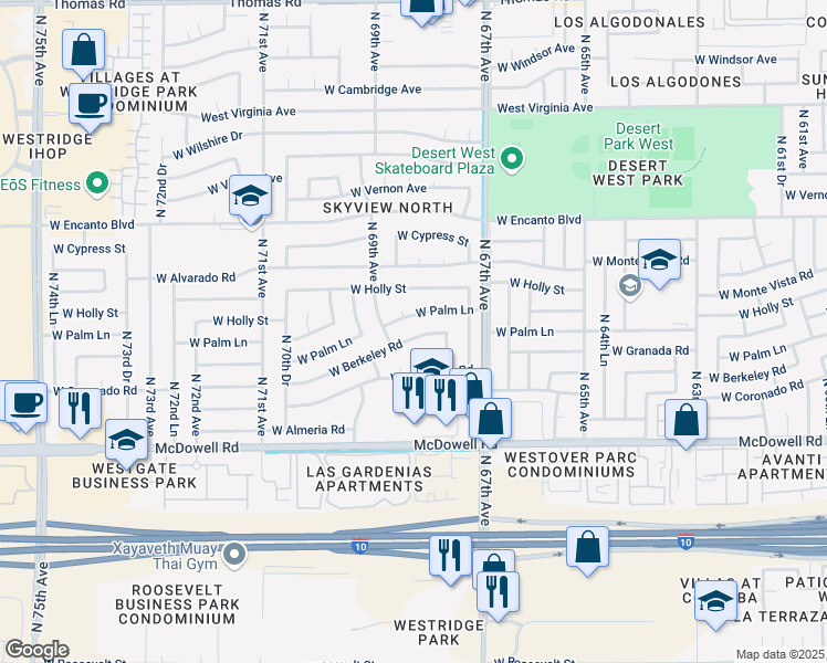 map of restaurants, bars, coffee shops, grocery stores, and more near 6834 West Berkeley Road in Phoenix