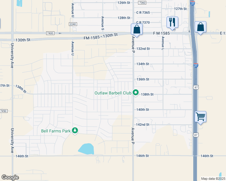 map of restaurants, bars, coffee shops, grocery stores, and more near C R 2300 in Lubbock