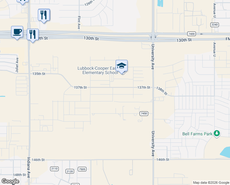 map of restaurants, bars, coffee shops, grocery stores, and more near 2500-2924 140th Street in Lubbock