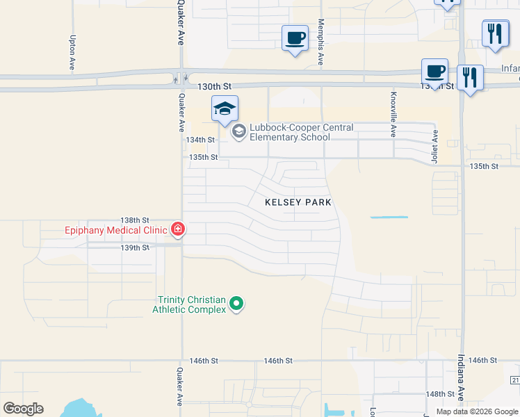 map of restaurants, bars, coffee shops, grocery stores, and more near 3923 138th Street in Lubbock