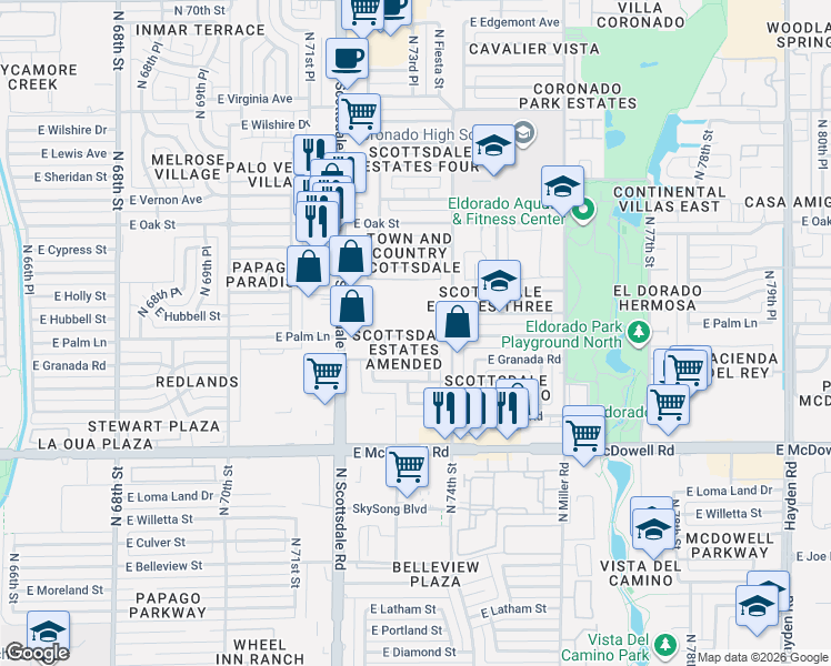 map of restaurants, bars, coffee shops, grocery stores, and more near 7253 East Palm Lane in Scottsdale