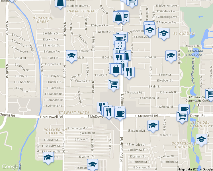map of restaurants, bars, coffee shops, grocery stores, and more near 7038 East Palm Lane in Scottsdale
