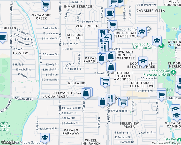 map of restaurants, bars, coffee shops, grocery stores, and more near 7002 East Palm Lane in Scottsdale