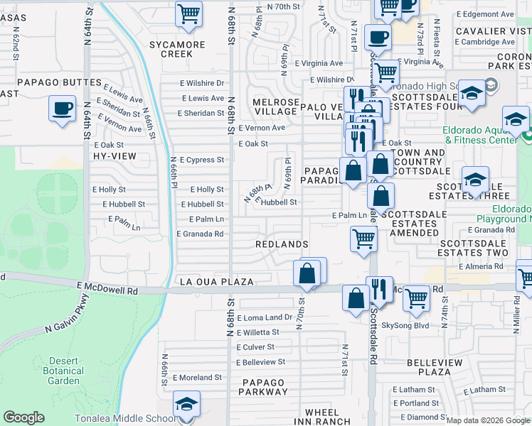 map of restaurants, bars, coffee shops, grocery stores, and more near 6844 East Palm Lane in Scottsdale