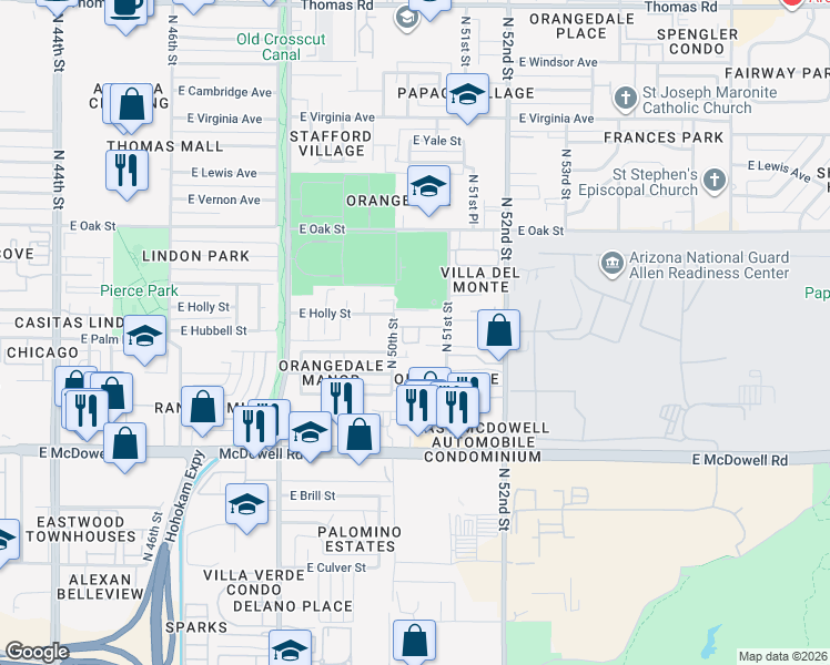 map of restaurants, bars, coffee shops, grocery stores, and more near 2015 North 50th Street in Phoenix