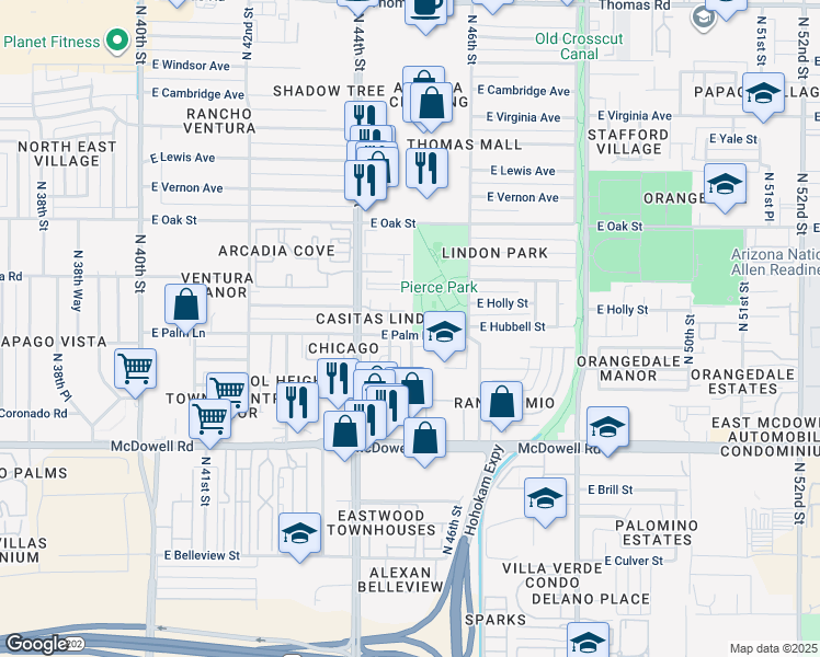 map of restaurants, bars, coffee shops, grocery stores, and more near 4433 East Hubbell Street in Phoenix