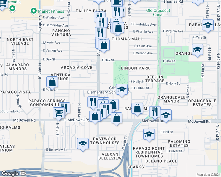 map of restaurants, bars, coffee shops, grocery stores, and more near 4433 East Hubbell Street in Phoenix