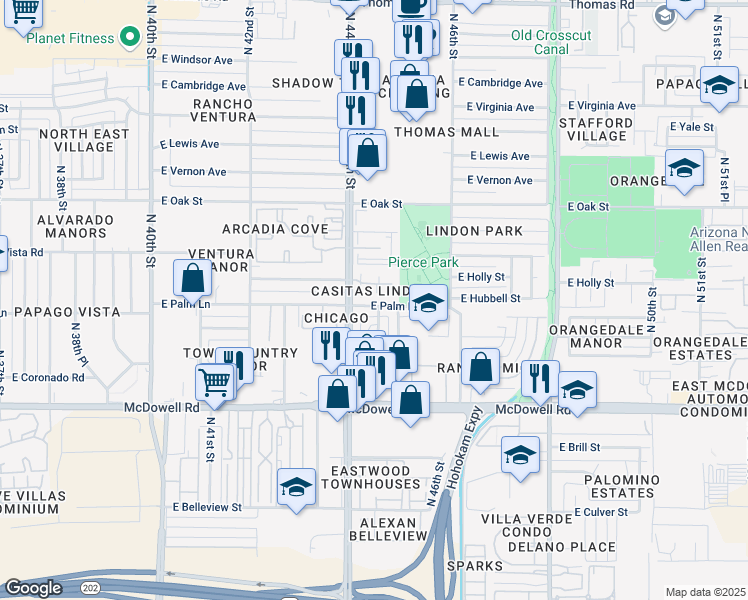 map of restaurants, bars, coffee shops, grocery stores, and more near 4433 East Hubbell Street in Phoenix