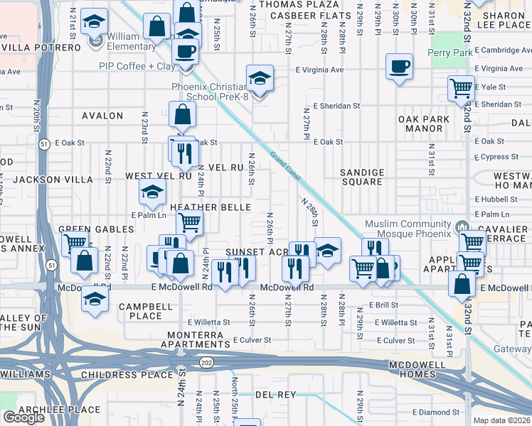 map of restaurants, bars, coffee shops, grocery stores, and more near 2019 North 26th Place in Phoenix