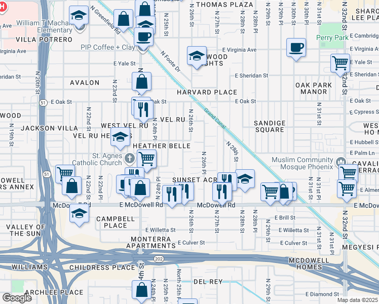 map of restaurants, bars, coffee shops, grocery stores, and more near 1923 North 25th Place in Phoenix