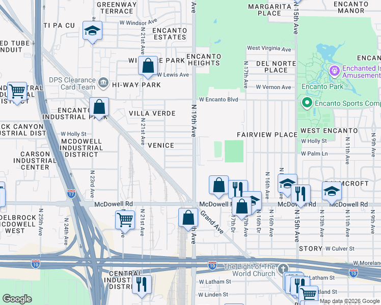 map of restaurants, bars, coffee shops, grocery stores, and more near 1912 West Palm Lane in Phoenix