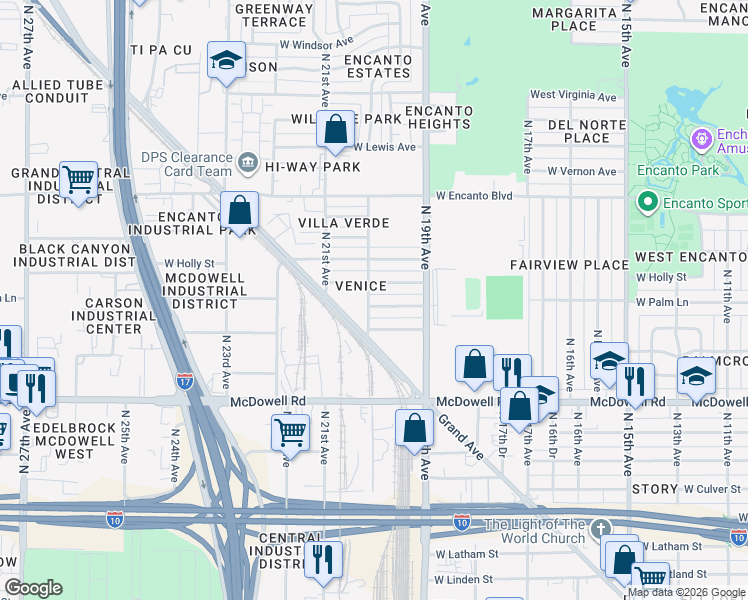 map of restaurants, bars, coffee shops, grocery stores, and more near 1954 West Palm Lane in Phoenix