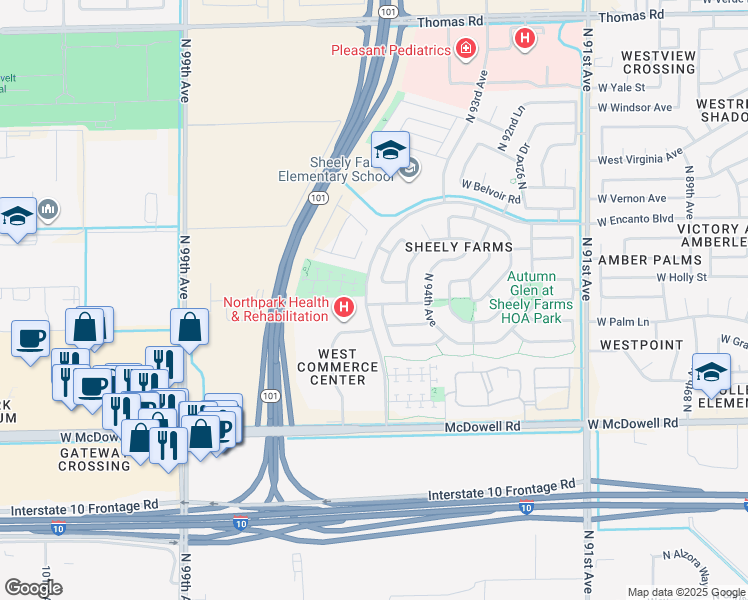 map of restaurants, bars, coffee shops, grocery stores, and more near 9444 West Hubbell Street in Phoenix