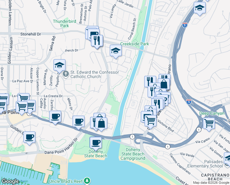 map of restaurants, bars, coffee shops, grocery stores, and more near 25611 Quail Run in Dana Point