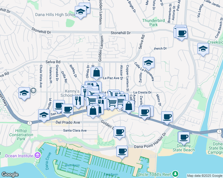 map of restaurants, bars, coffee shops, grocery stores, and more near 33962 Silver Lantern Street in Dana Point